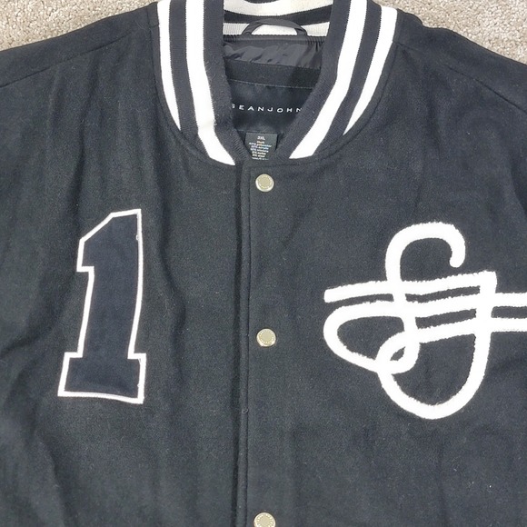 Sean John Men's Black Letterman Jacket 1 SJ Logo Varsity Snap Button Size 3XL - Picture 4 of 6